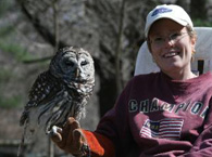 Volunteer Sandy with Emrys the barred owl.